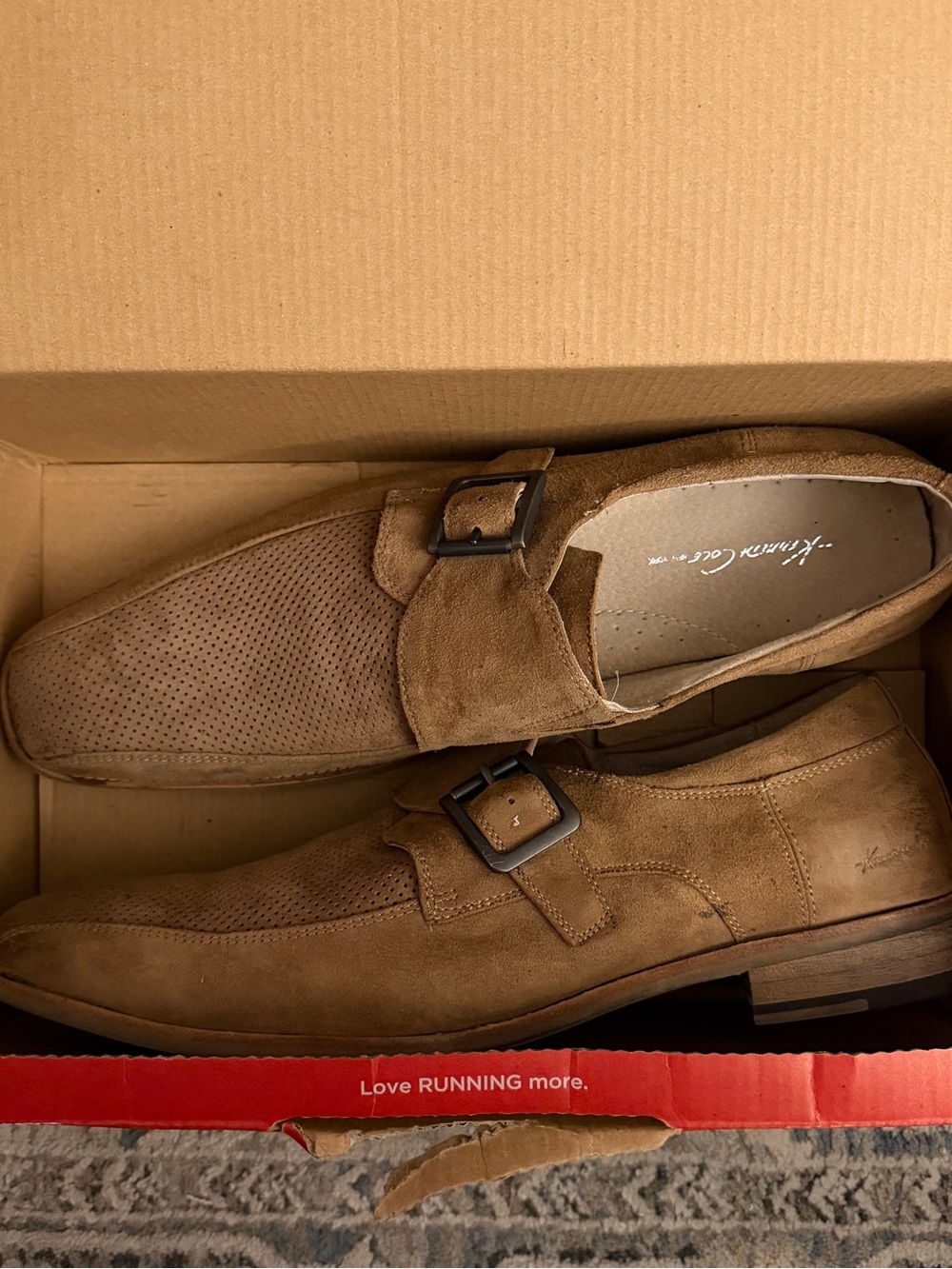Kenneth Cole New York Tan Suede Perforated Monk Strap Shoes- Brand new